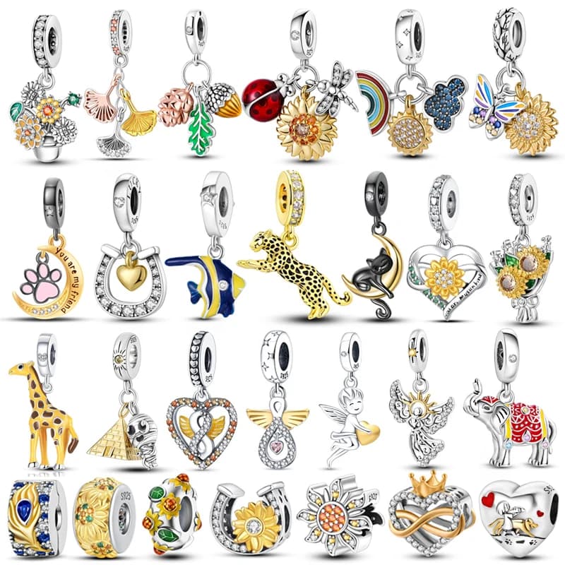 Vendita calda 100% argento sterling 925 serie gialla fiori animali pendenti con ciondoli perline per braccialetto da 3 mm creazione di gioielli fai da te