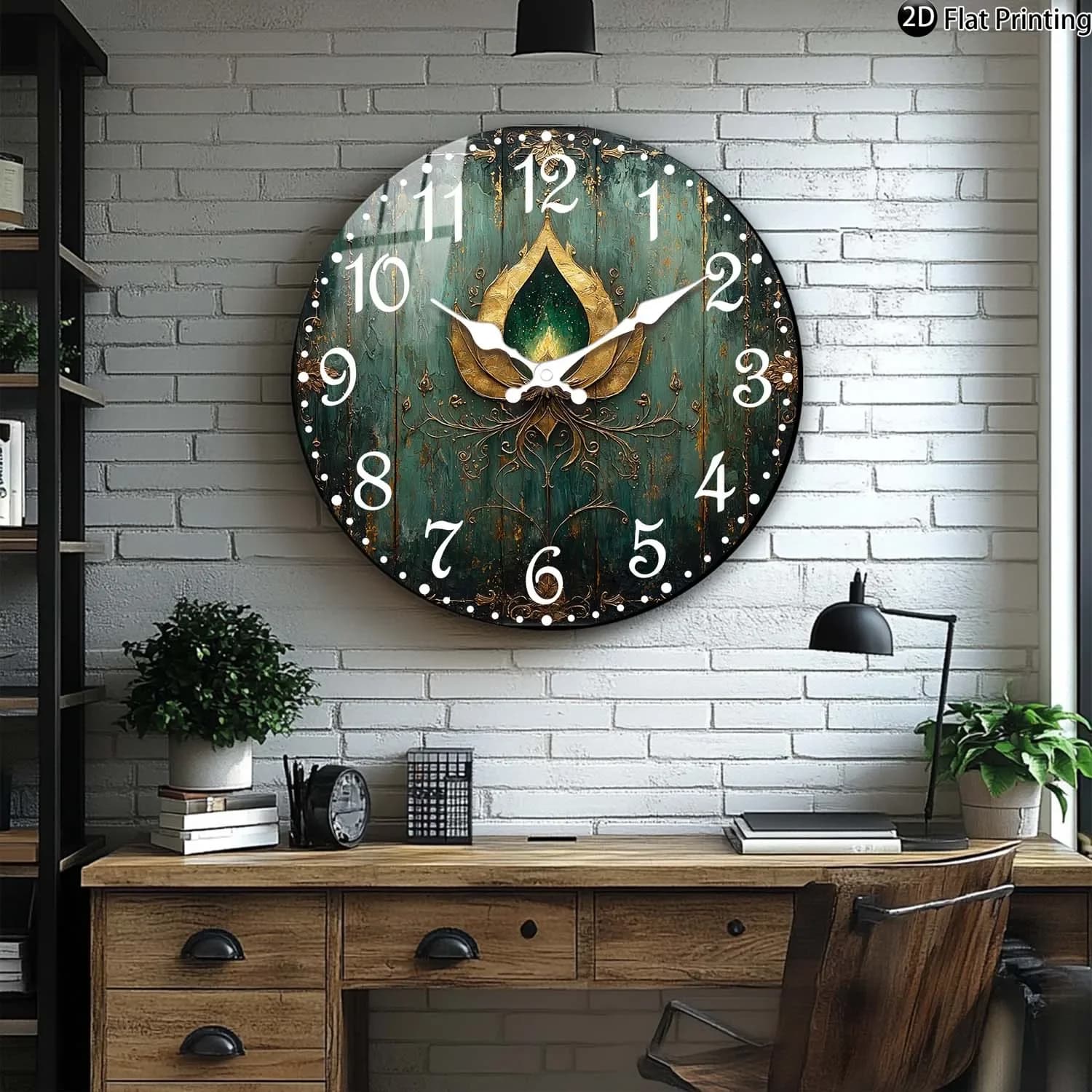 Silent Wall Clock Wood Ornamato Flower Golden Lotus Green Water Wood Background Analog Quartz Watch Idea for Home Christmas Halloween