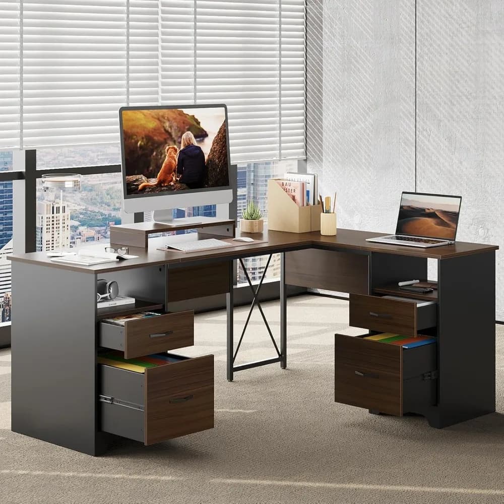 L Desk with 4 Drawers, 160x120 cm, Directional Desk with Open Space and Monitor Support, Angolan Desk with 2 Documentaries, Customizable