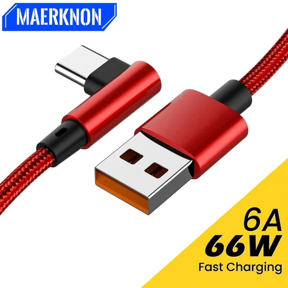 6A Type C Cable 90 Degree Elbow Fast Charging Type C Cable For iPhone 16 15 Xiaomi Huawei Mate 50 P60 Nova 11 USB Charger Cable