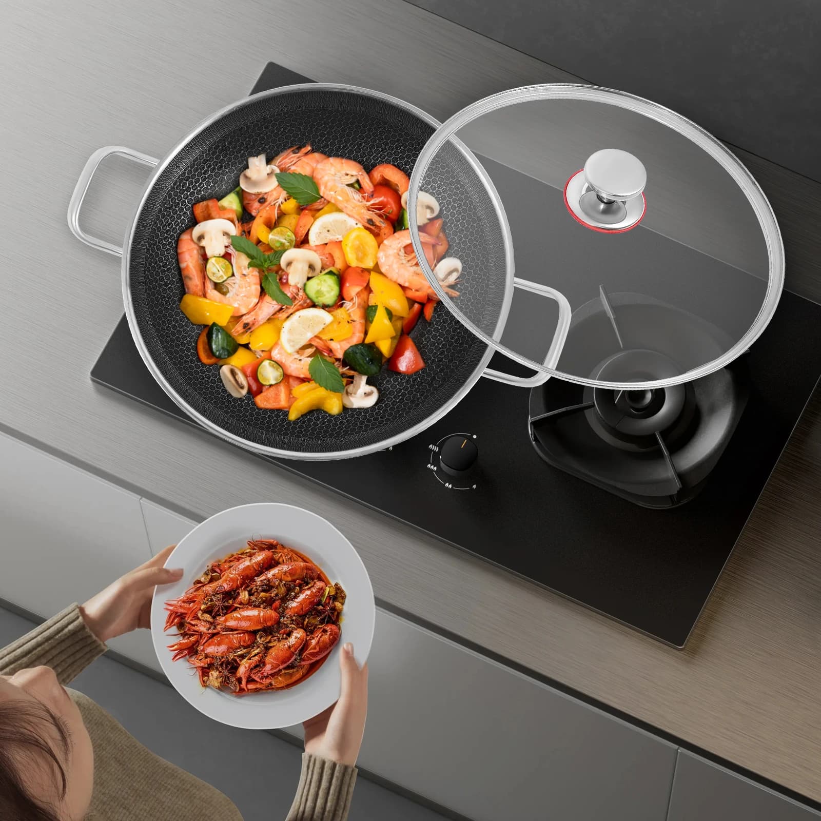 Modern Stainless Steel Frying Pot Silver with Handles and Lid, 13.19*3.7in Cooking Pan, for Open-flame Heating and Most Stoves