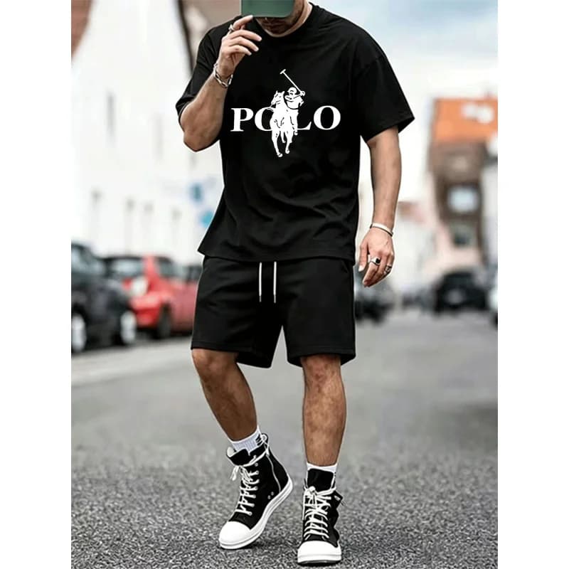 Summer Men's Casual Sports Mesh Set With Letter Print Loose Short Sleeved T-shirt and Drawstring Shorts Two-piece Set