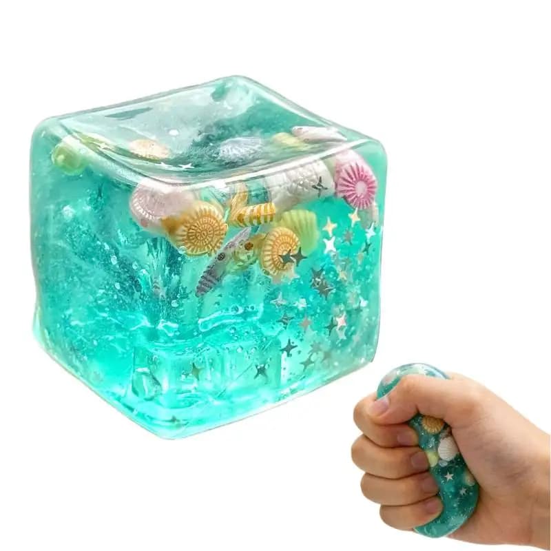 Cubo Antistress, Giocattolo Sensoriale a Forma di Cubo di Ghiaccio con Conchiglie Blu Oceaniche all'Interno, Giocattolo Morbido a Lenta Risalita per Alleviare lo Stress per Adulti