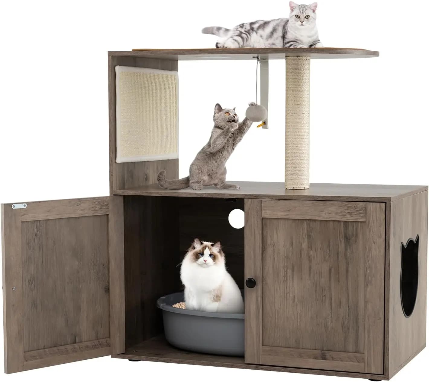 Cat Litter Box Enclosure with Cat Tree, 2-in-1 Hidden Litter Box with Pad Covered Spacious Top Perch, Sisal Scratching Post and