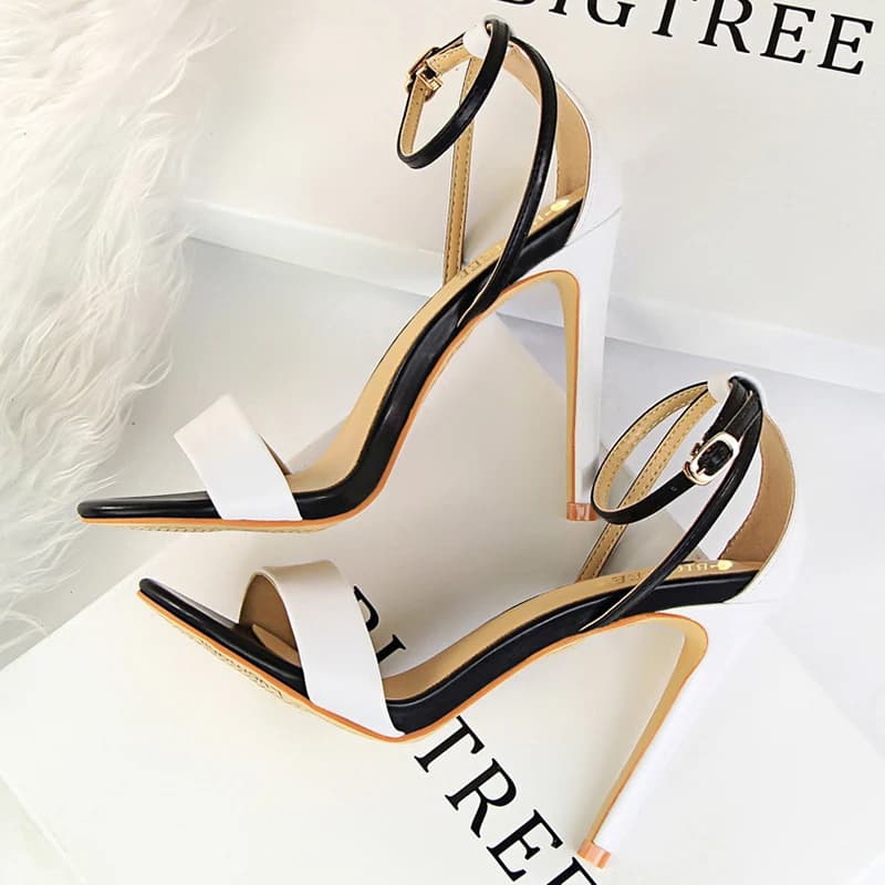 Women's Women's High Heel Sandals Black-White Leather 11 cm Women's Shoes With Adjustable Ankle Buckle Women's Fashionable Evening Shoes