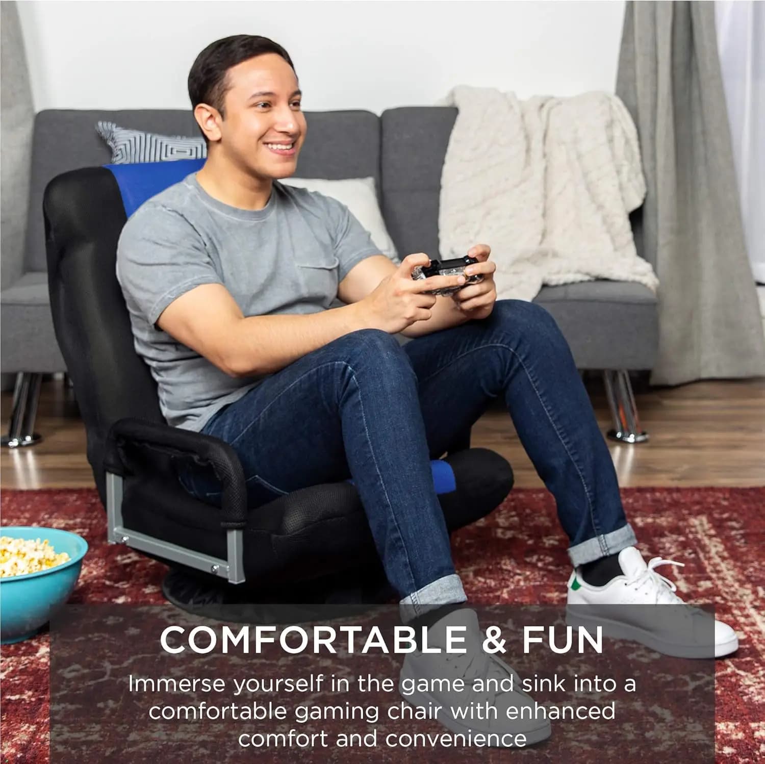 360 ° Sedia girevole da pavimento per TV, lettura, giochi con supporto lombare e schienale regolabile – Nero/Blu