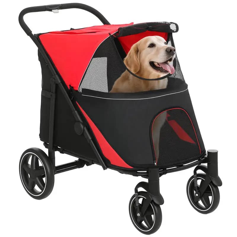 PawHut Dog Stroller for Large Medium Small Dogs up to 66 Lbs. 23.5" in Body Length, One-Click Foldable Pet Cat Stroller with Storage, Shock Absorption Wheels, Mesh Window, Safety Leash, Red