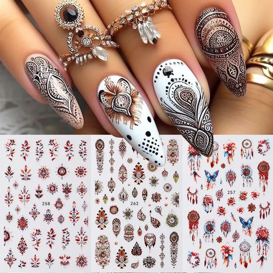 2/3pc 3D Retro Bohemian Totem Nail Art Sticker Elegant Dream Catcher Butterfly Slider For Nails Vintage Self-Adhesive Nail Decal