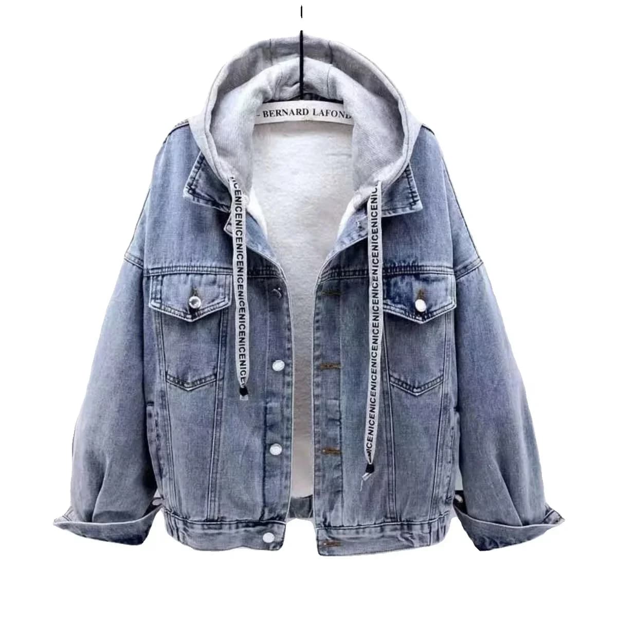 Giacca da donna in denim con top in lana di agnello calda ispessita con cappuccio e fodera in pile ampia per l'inverno