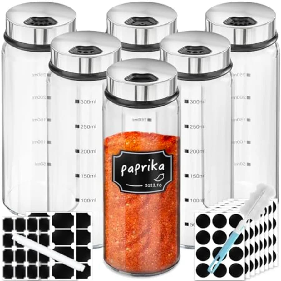 Set di Barattoli per Spezie con Etichette, Grandi Contenitori da 0oz con Coperchi Dosatori, Bottiglie Vuote in Vetro per Sale, Pepe, Zucchero e Condimenti