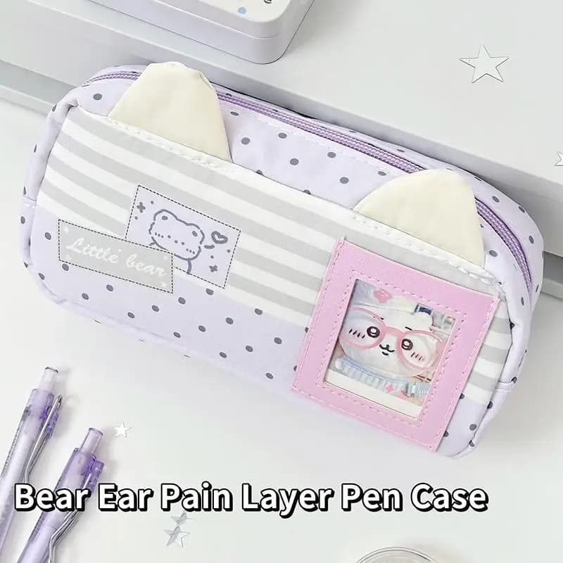 Cute Bear Ear Pencil Case With Photo Display Slot For Students School Study Office Stationery Storage