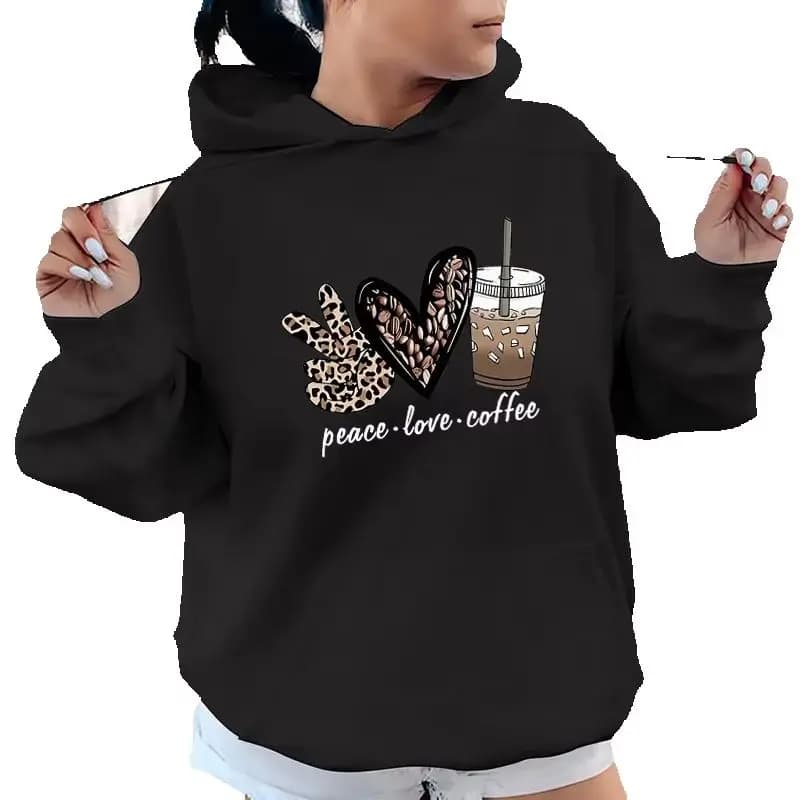 Women Peace Love Coffee Print Hoodie, Leopard Heart Graphic Pullover Hooded Sweatshirt Casual Long Sleeve Pocket Streetwear Tops