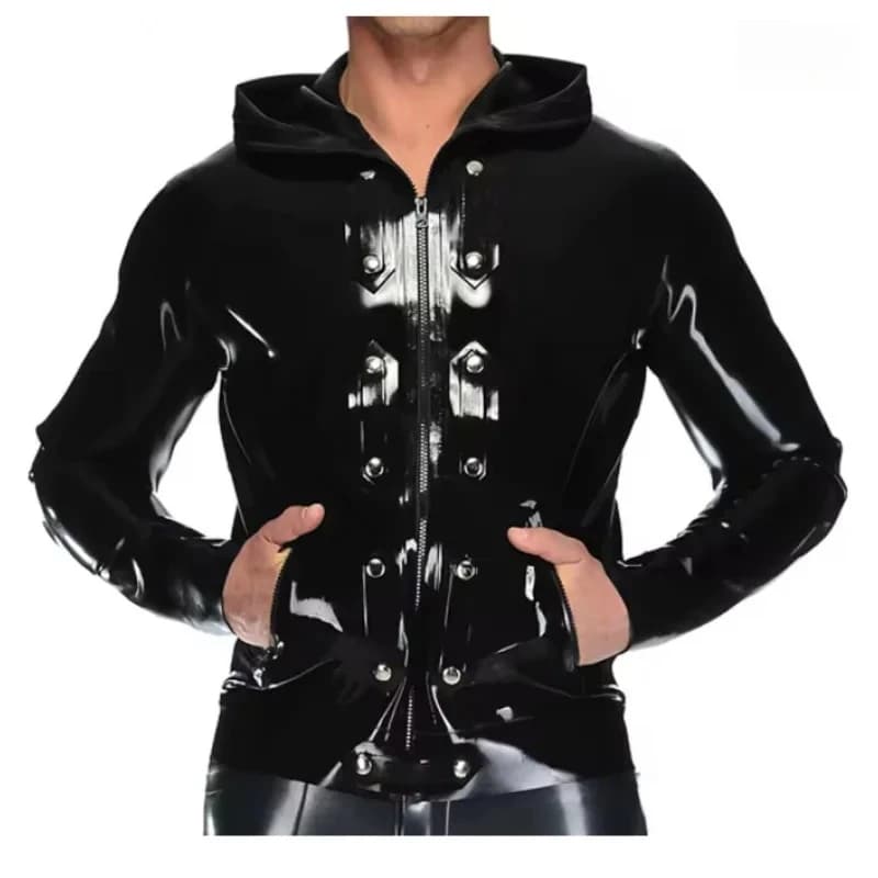Latex Jacket with Pocket Zippers Hoodies Belts At Front Rubber Coat Top Clothing