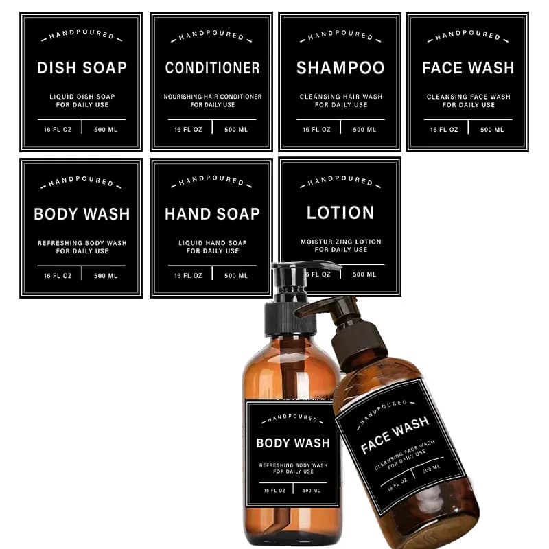 Etichette per Dispenser di sapone impermeabile da 7/8 pezzi etichette adesive per lozioni di grandi dimensioni Shampoo balsamo per il lavaggio del corpo adesivi per bottiglie da bagno