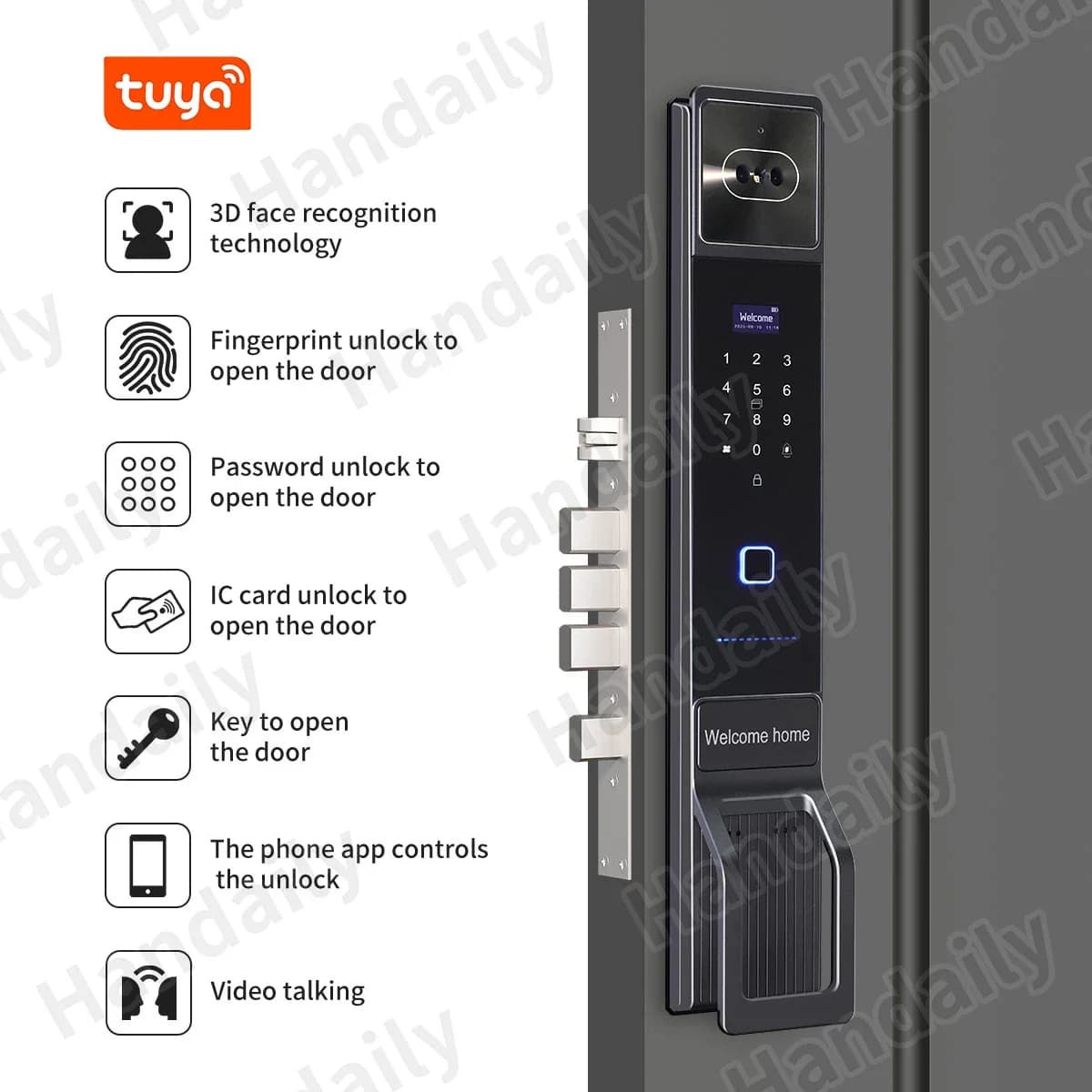 Potente fabbrica HanDaily 3D Riconoscimento facciale Videocitofono Smart Lock Impronta digitale Tuya App Serratura digitale per porta d'ingresso