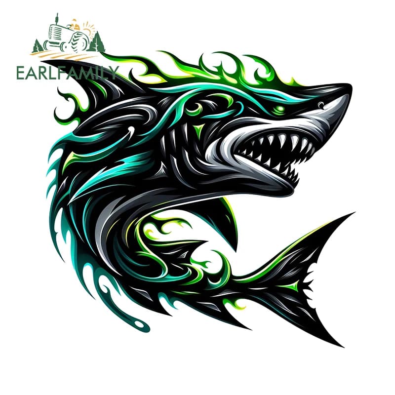EARLFAMILY Mechanical Future Wind Art Shark Adesivo per auto Anime Linee lisce Attrezzi da pesca Decalcomania Divertente attrezzatura da pesca Box Decor