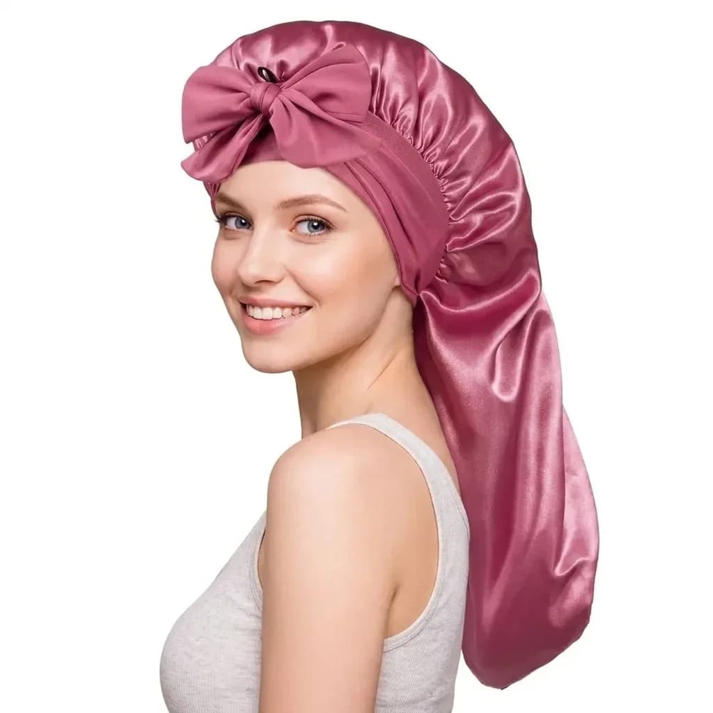 Bow Decor Extra Long Satin Sleeping Bonnet Adjustable Elastic Hair Protection Cap For Long Curly Hair Braids Women Night Hair Wrap