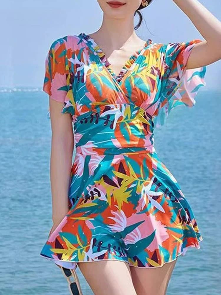 Costume da bagno intero da donna con gonna Costume da bagno dimagrante con controllo della pancia Costume da bagno Hot Spring Beach Costume da bagno colorato luminoso
