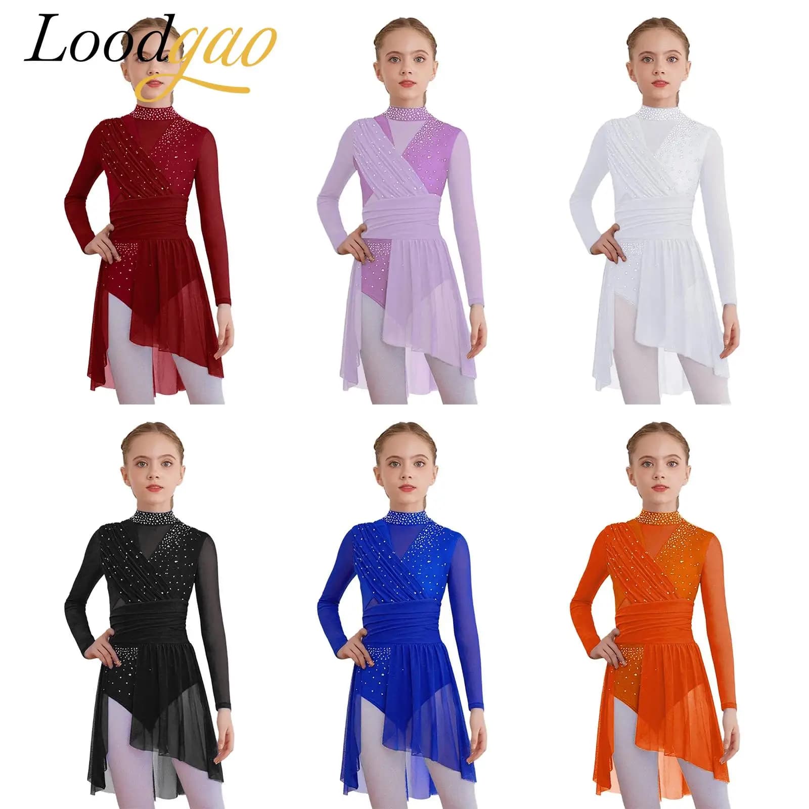 Vestito da body da balletto in rete trasparente per bambini Strass Vestito da pattinaggio di figura sul ghiaccio Vestito da ballo lirico moderno per ragazze Abbigliamento da ballo per bambini