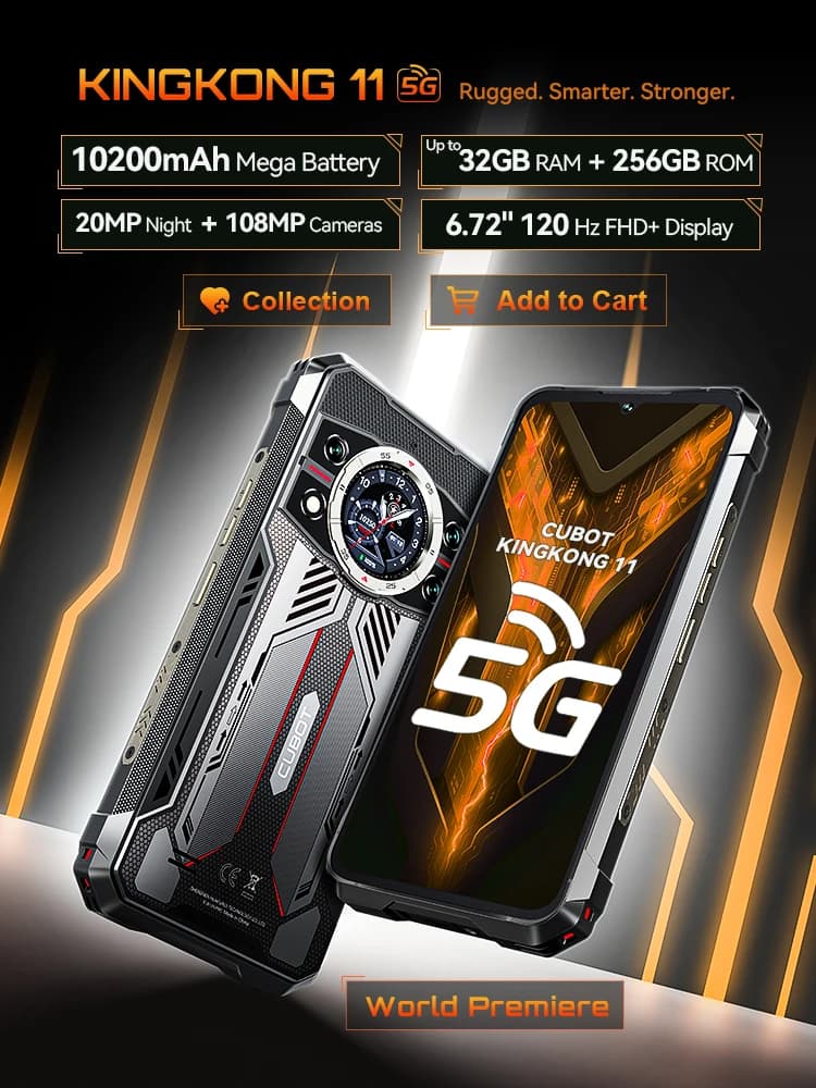 Android Smartphone 5G Cubot KingKong 11, 10200 mAh battery, Dimensity 7025, 6 nm, 2.5 GHz, 32 GB RAM (16 GB + 16 GB extended), 256 GB ROM, 108 MP camera, 6.72 inch screen to 120 Hz, 5G phones, NFC