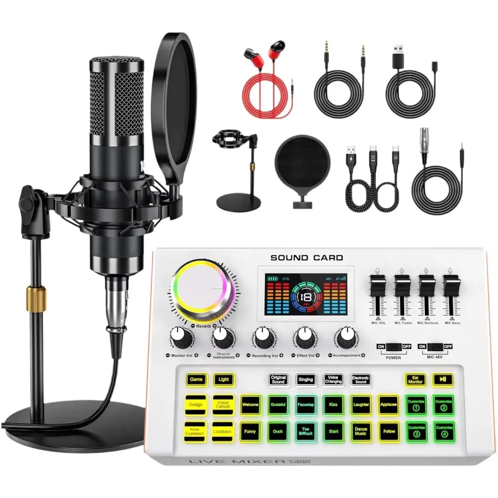 Tenlamp Podcast Equipment Bundle Kit for 4 People Profesional Studio Sound Board with 3.5mm Condenser Microphone(Y300-P15B) for Pc/Phone,Live Sound Card Full Set Voice Changer Mobile Audio Mixer With Bluetooth