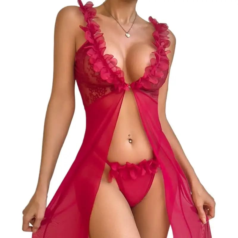 Pigiama Rosso Trasparente in Rete con Bretelle, Sexy Abito Lungo con Scollo a V Profondo e Reggiseno Aperto, Lingerie Babydoll, Set di Biancheria da Notte, Costumi Erotici