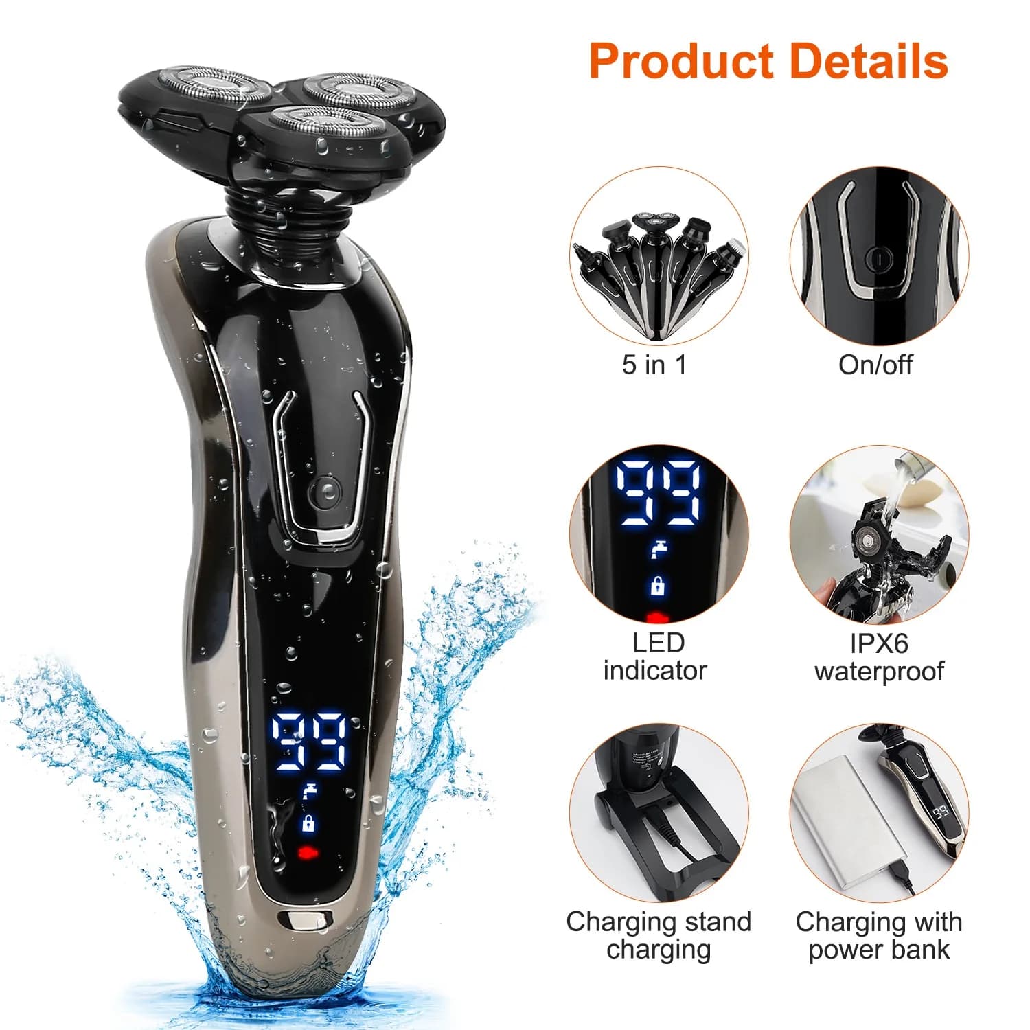 Electric Razor 5 in 1 Wireless Rechargeable, Adjustbarba Kit and IPX6 Coat Refiller Waterproof for Dry and Bagnate Use