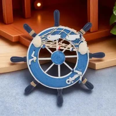 Timone in Legno Blu da 23 cm per Decorazione Murale Nautica, Rete da Pesca, Conchiglie, Timone Rustico per Barca, Decorazione da Parete