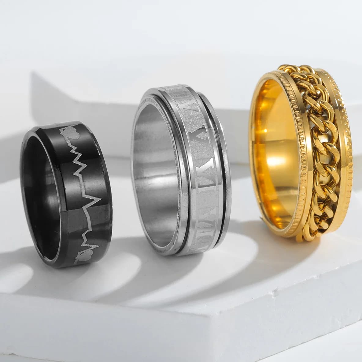 Anello di ansia con catena in oro Anelli Fidget Spinner per donna Anelli in acciaio inossidabile Numeri romani Battito cardiaco Accessori antistress Me