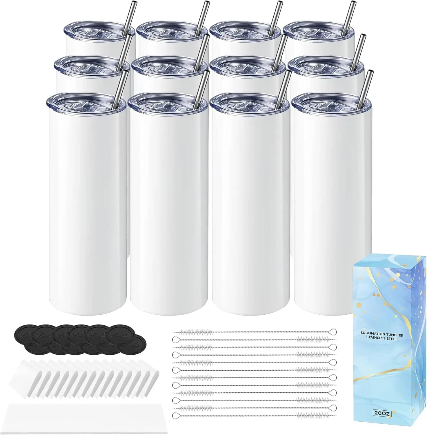 Set da 12 Bicchieri Sublimatici Dritti e Sottili da 20oz con Cartine, Coperchi, Cannucce e Pellicola Termoretraibile per Termopressa