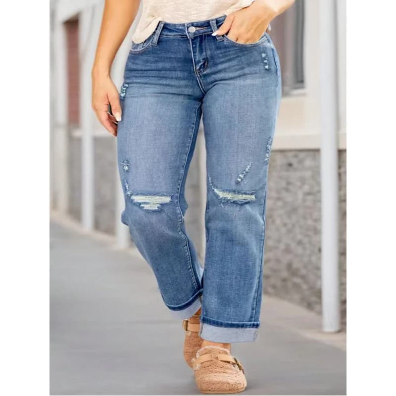 plus Size Women's mid Waist Comfortable Perforated Elastic Straight Leg Denim Jeans 2026 Fashionable Breathable Stretchy Pants