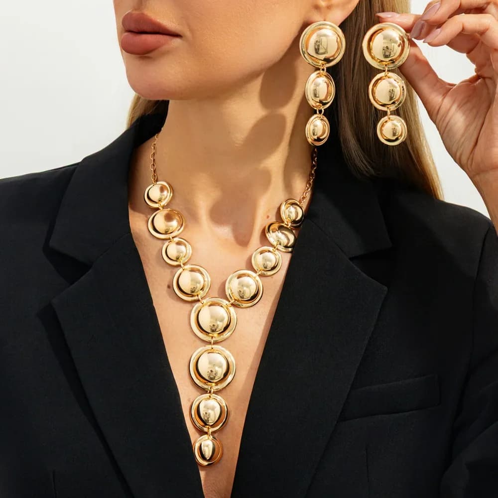 Set da 2 pezzi Orecchini con collana lunga a forma di Y con superficie liscia in metallo geometrico esagerato punk per set di gioielli da donna