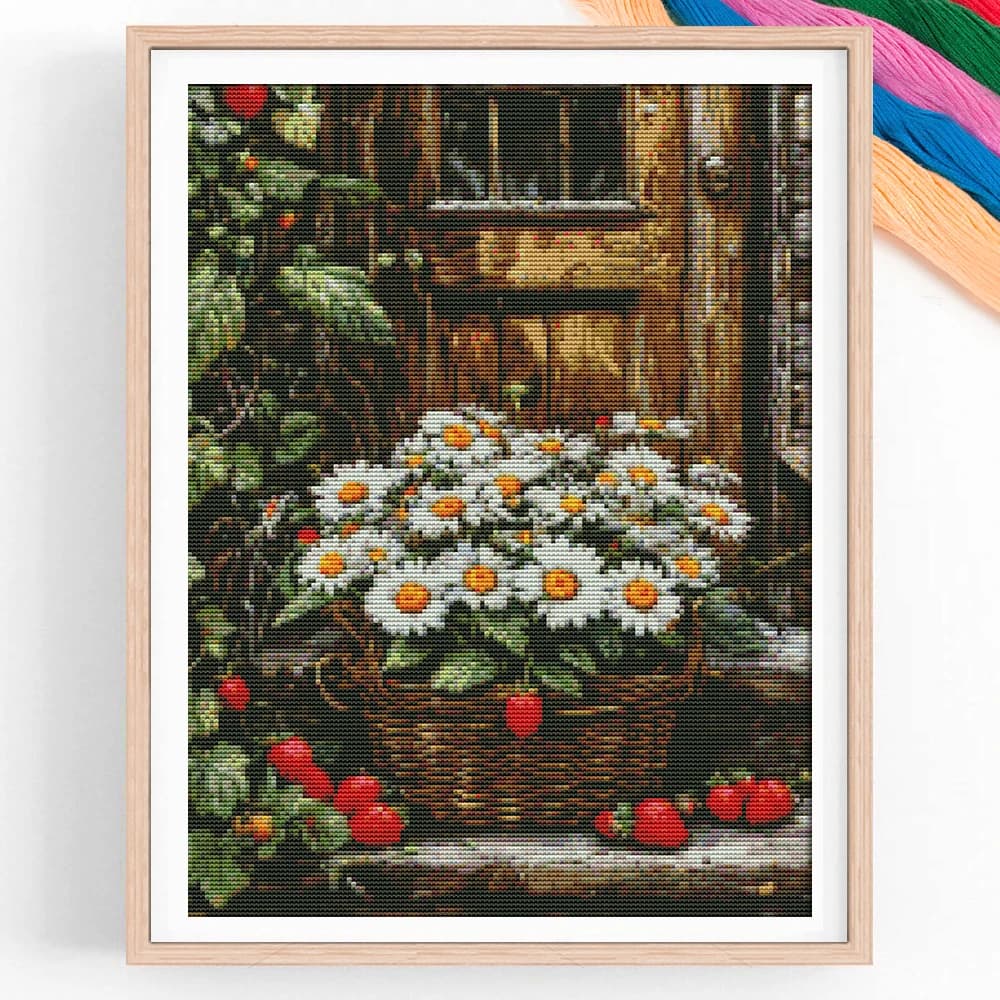 Kit Ricamo Punto Croce Margherite Cesto Fragole, Tela Stampata Floreale 11CT, Filo per Ricamo, Regalo Fai da Te, Decorazione Casa