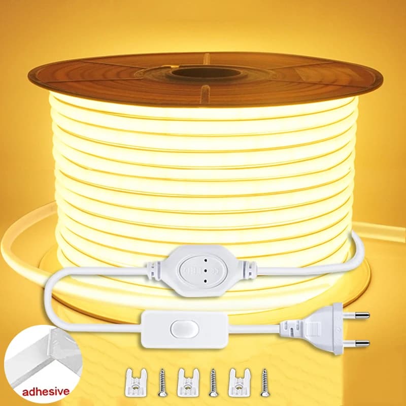 220V LED Strip Light with EU Plug Flexible Outdoor Lamp Waterproof COB LED Strip Tape For Kitchen Home Room Decor Lighting