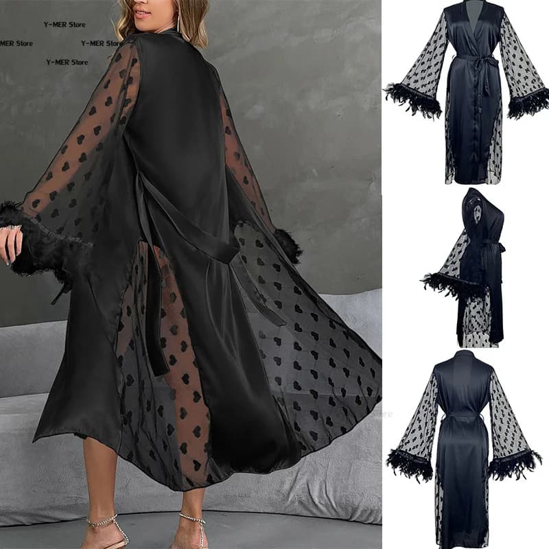 Mesh Sleeve Kimono Satin Robe Women Elegant Sleepwear Luxury Feather Patchwork Nightgown Lady Bride Wedding Dress Loose Bathrobe