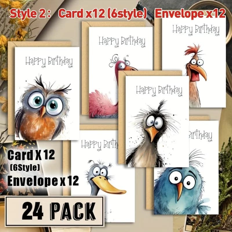 Set di 12/24 biglietti d'auguri divertenti con illustrazioni di uccelli, con buste, biglietti bianchi per famiglia e colleghi, confezione all'ingrosso