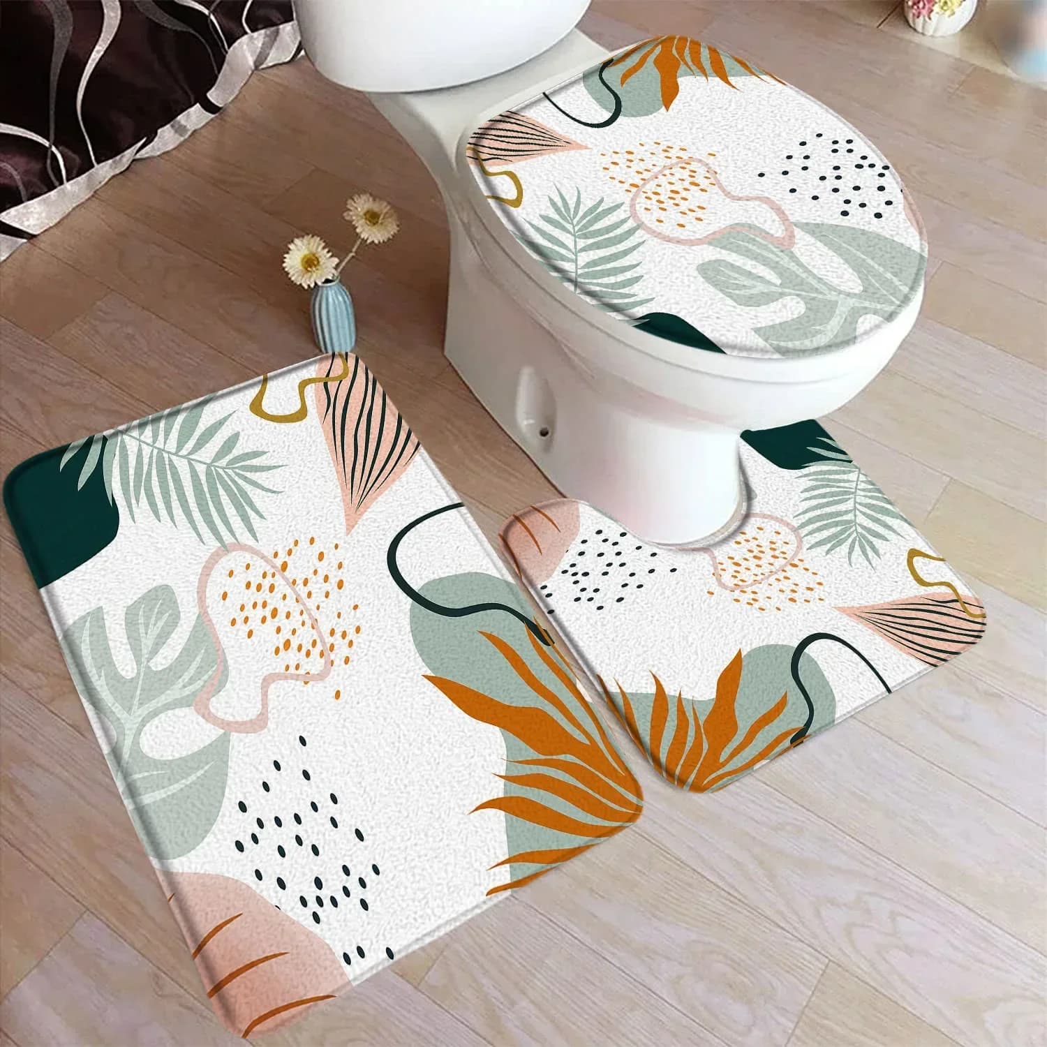 VIKAMA Flannel Bath Mat Set Black Line Green Leaf Modern Geometric Boho Home Carpet Bathroom Decor Floor Rugs Toilet Cover