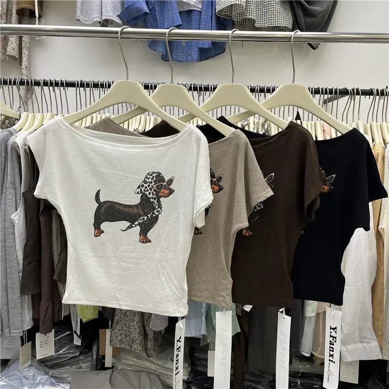 T-shirt estiva da donna a maniche corte slim fit, con stampa divertente di cane, casual, per il tempo libero, versione coreana, con motivo animale creativo