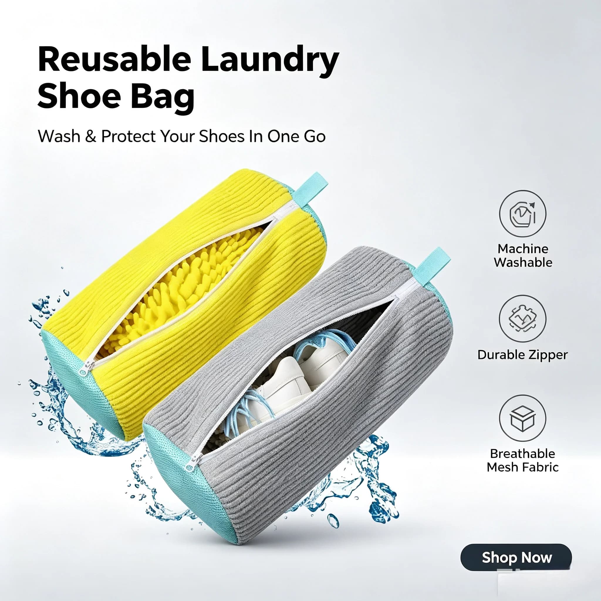 2 Knit bags for washing shoes, not abrasive, protective for washing machine, for sneaker, travel, mesh thickened with hinge