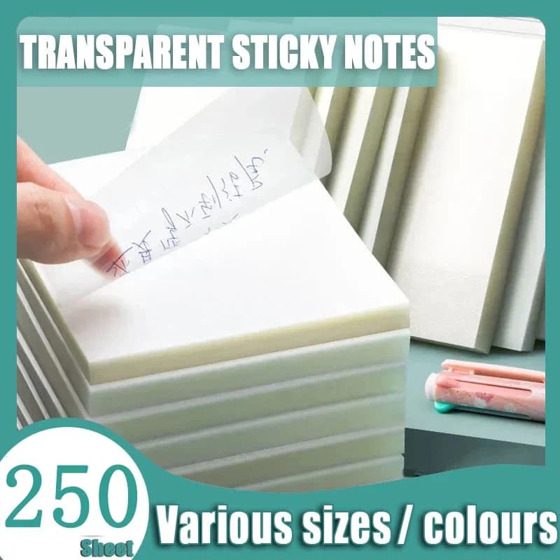 250 fogli di foglietti adesivi trasparenti Dimensioni multiple Carta per appunti colorata impermeabile Blocco note Cancelleria scolastica Forniture per ufficio