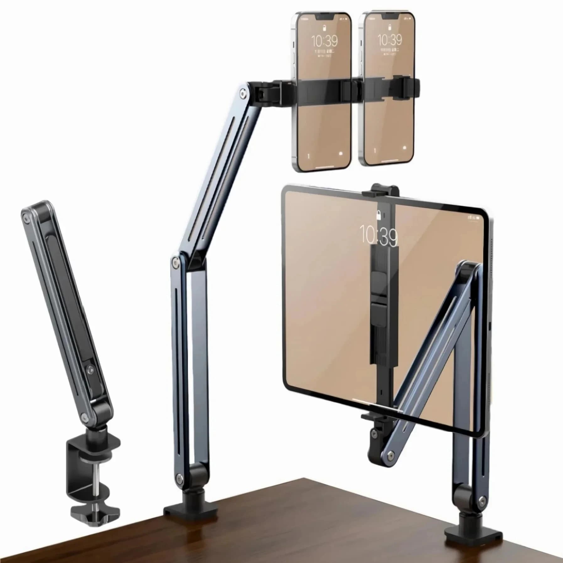 Supporto per tablet con braccio in metallo resistente per scrivania da letto 360 ° Supporto con morsetto girevole per schede e supporto per iPhone IPad Air Pro da 4-13 pollici