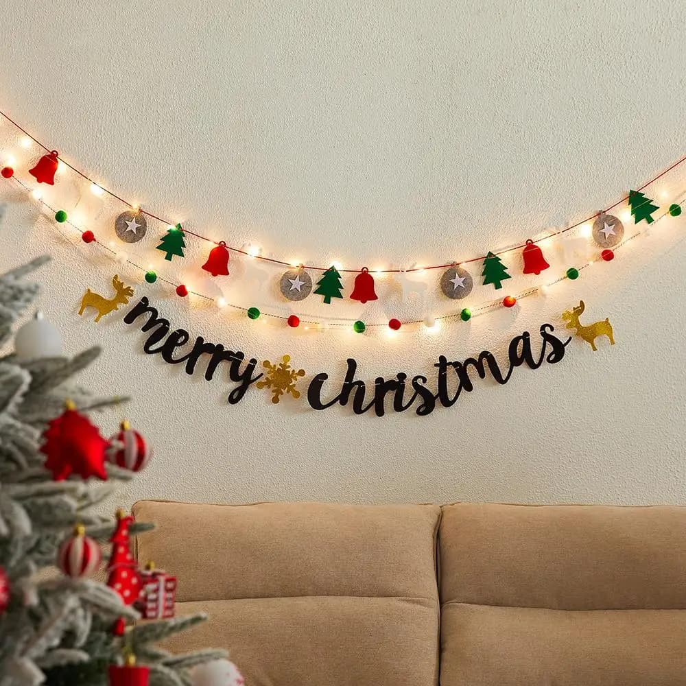 Kit di decorazioni natalizie da parete, sfondo con luci a stringa a LED con banner in feltro