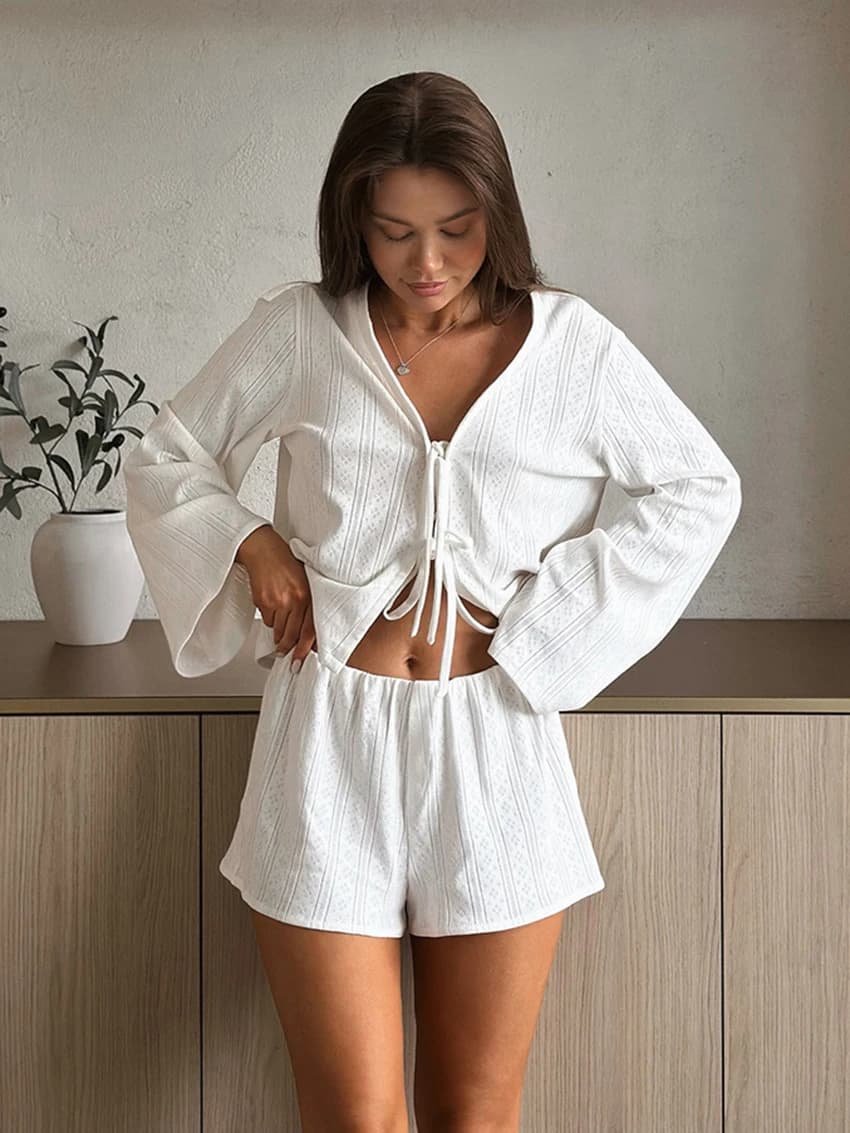 Marthaqiqi Abito da notte da donna invernale Camicie da notte con scollo a V Pigiama a maniche lunghe Pantaloncini da notte con lacci Set da notte femminile casual