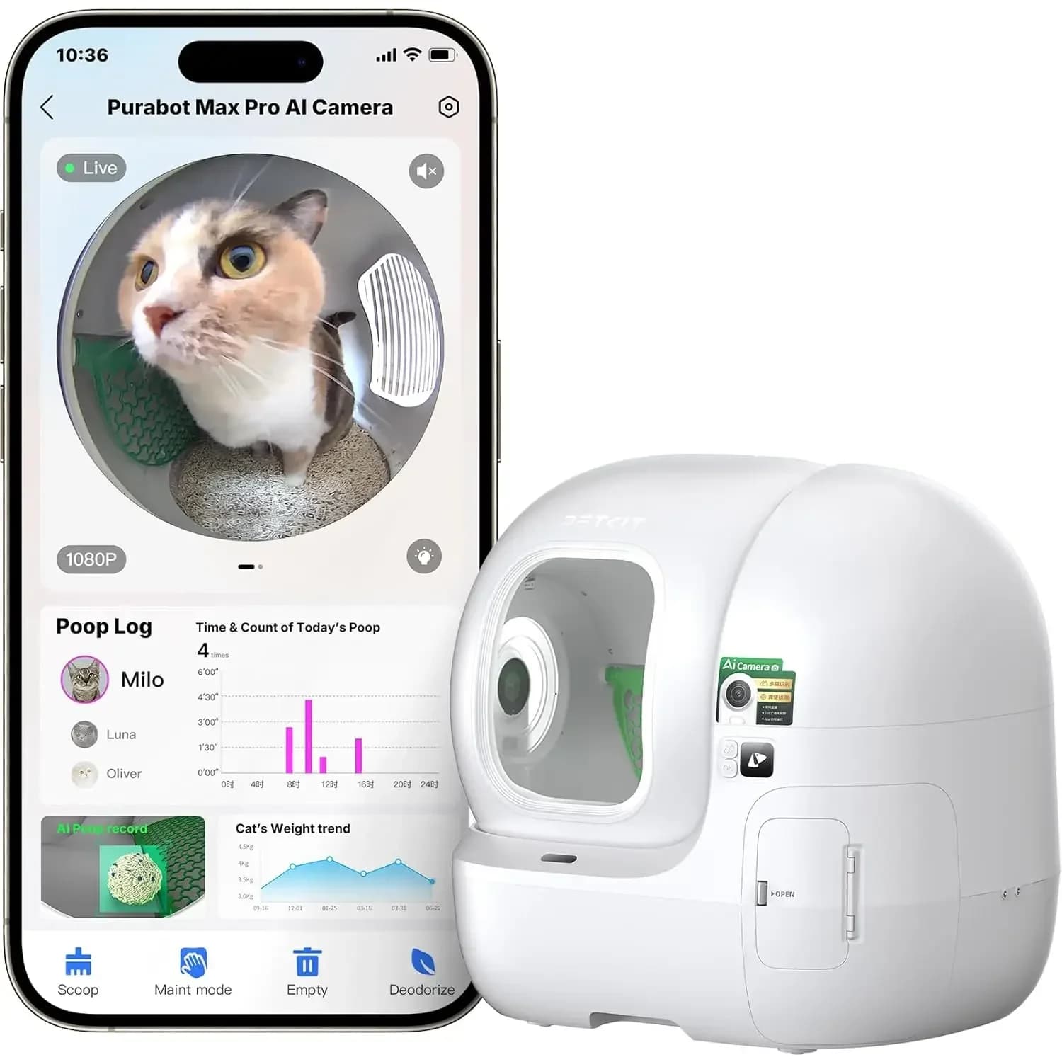 2025 New Purobot Max Pro Cat's Facial Recognition AI-Camera Automatic Cat Litter Box, 210° Wide Angle, 5G WiFi App, Customized