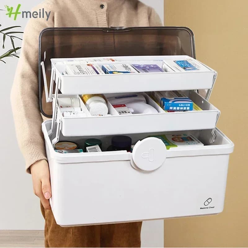 Large Capacity Family Medicine Organizer, Storage Box, Portable First Aid Kit Container, Emergency Pharmacy Pill Box, 3 Layers