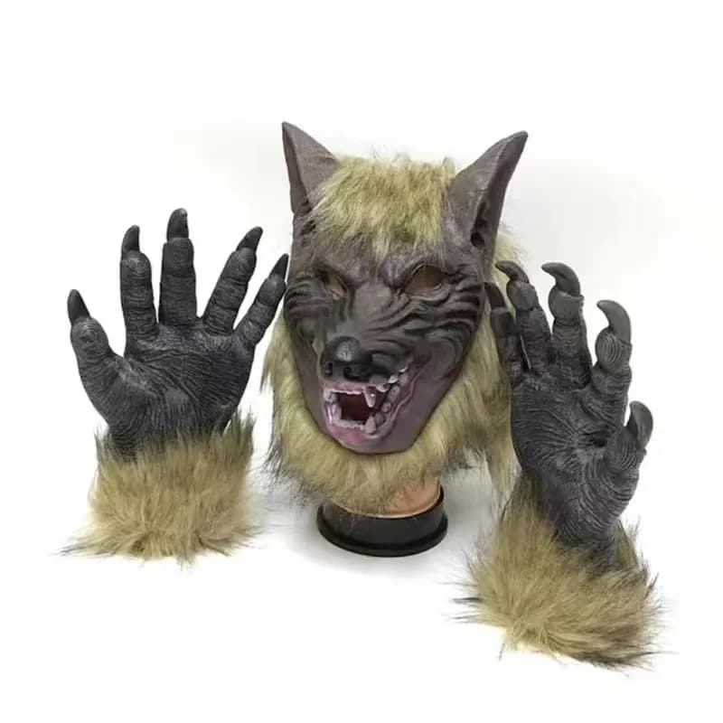 Set Maschera e Guanti in Latex da Lupo Mannaro per Halloween, Costume Animale con Copertura Completa del Viso per Feste in Maschera Spaventose