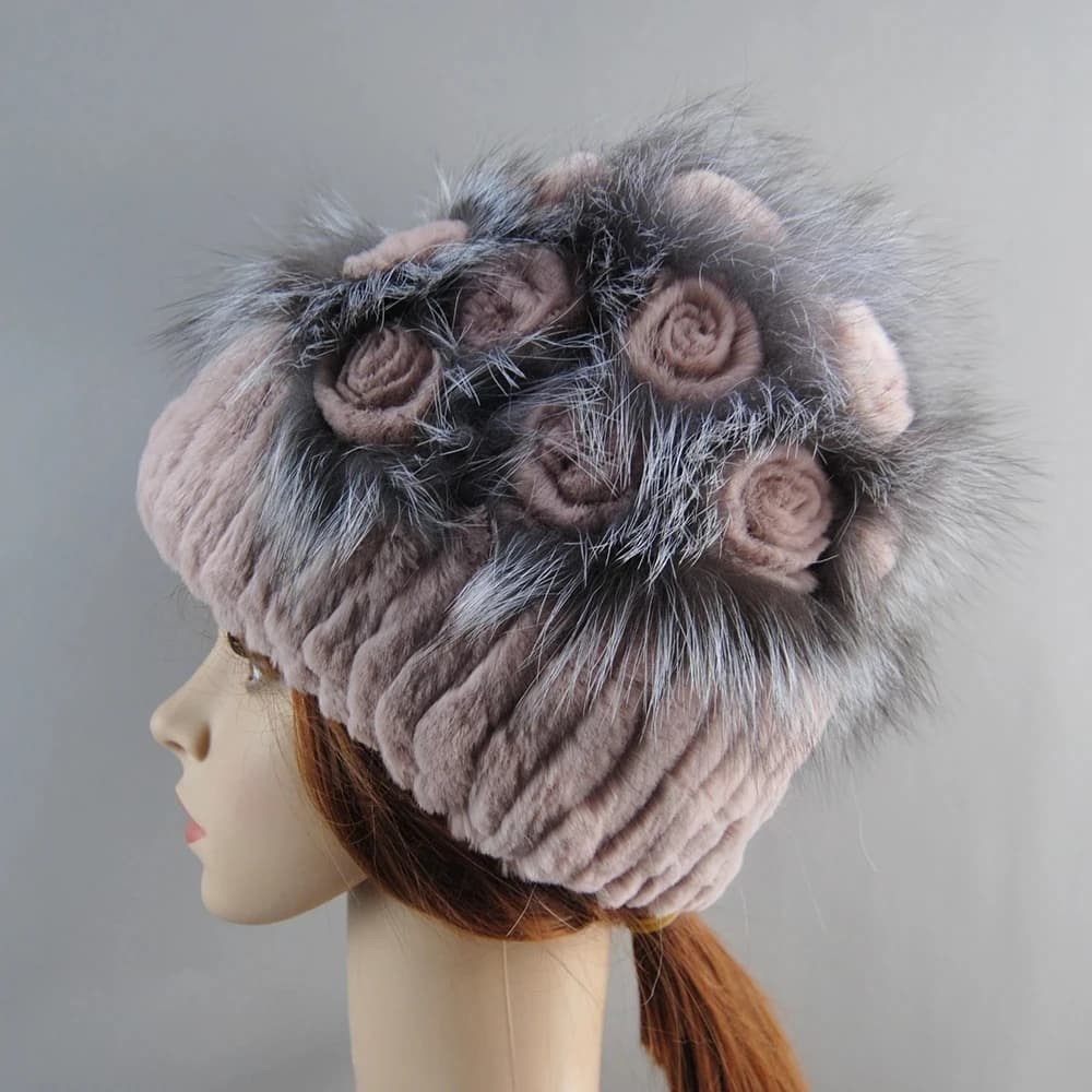 Winter Fur Hat Women Natural Rex Rabbit Fur Hats Elastic Knitted Hat Cap Floral Design Winter Accessories Bonnets Fur Wholesale