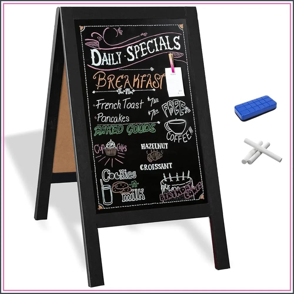Wooden A-Frame Chalkboard Sign 40x20 Inch, Double-Sided Magnetic Menu Board with Eraser & Chalk for Restaurant, Wedding, Business