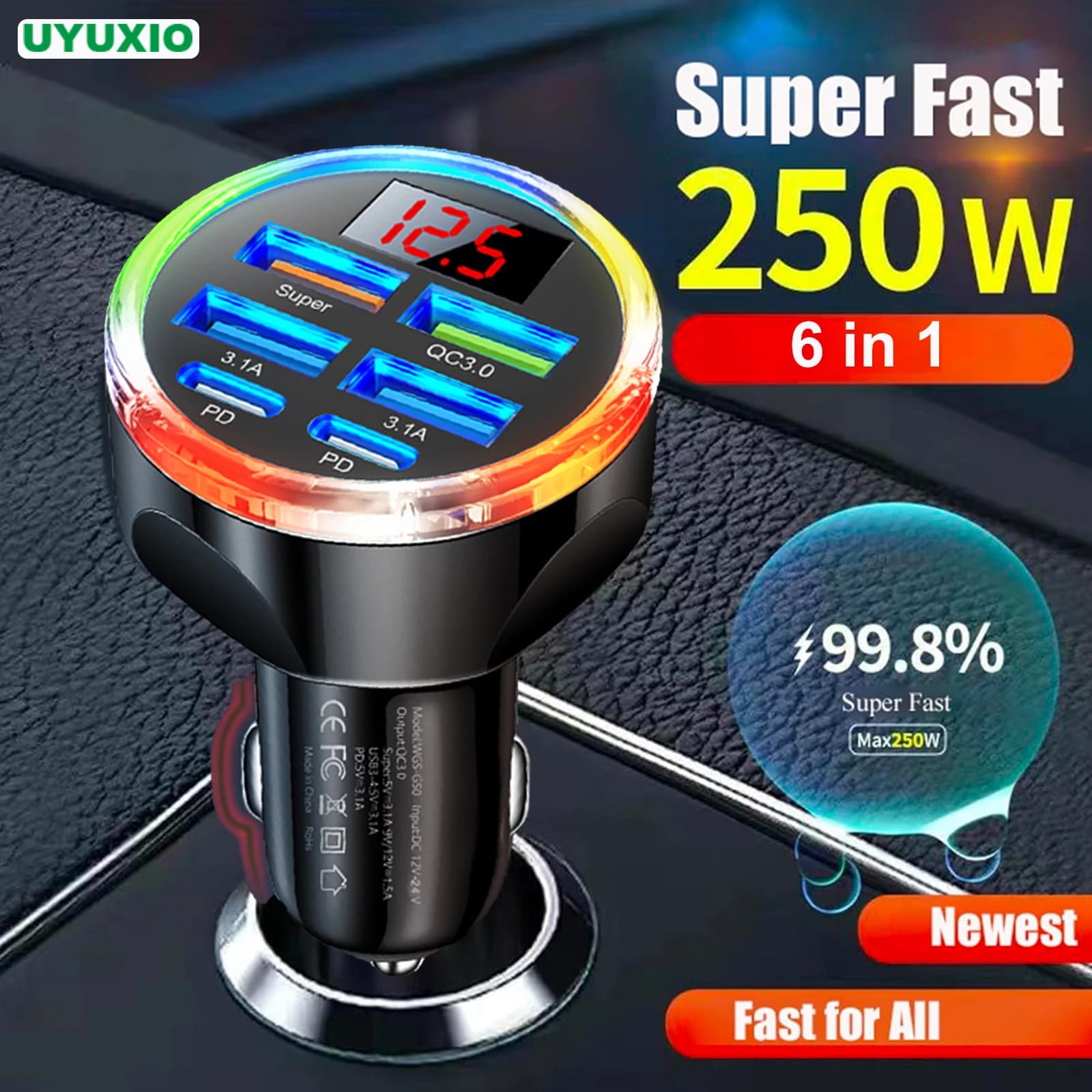 Adattatore per caricabatteria da auto UYUXIO doppio PD USB C 6 in 1 con display di tensione Colorato Iight QC 4.0 PPS Carica super veloce con voltmetro