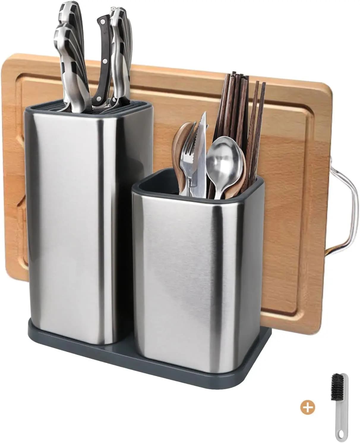 Portacoltelli Universale in Acciaio Inox con Spazzola per Pulizia, Organizzatore Moderno per Piano di Lavoro in Cucina